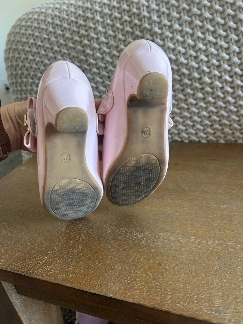 Pale pink shiny Maryjane heels with bow clasp. Perfect for fancy or dress up!